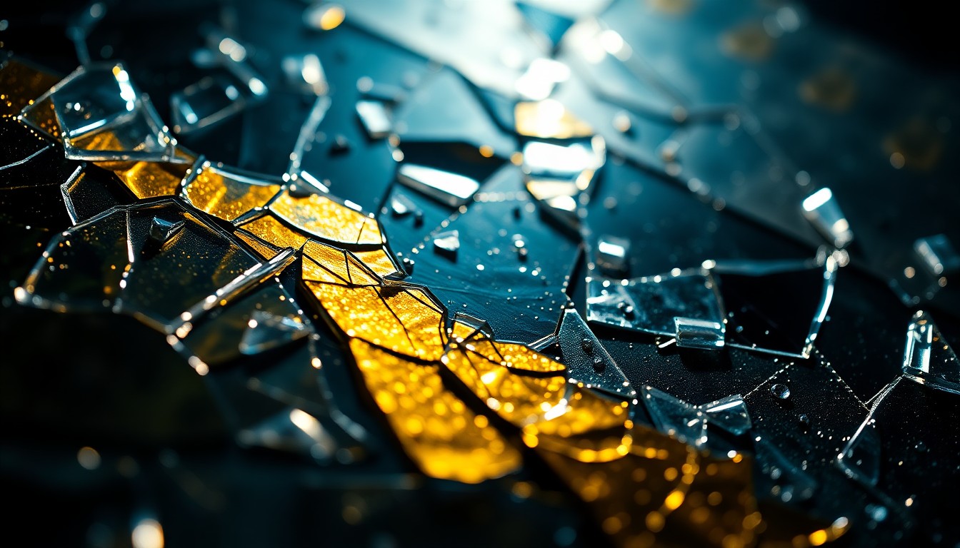 An abstract close-up photograph featuring a shattered, glittering surface in dramatic lighting, conceptually representing the high-stakes, glamorous nature of the Marvel Cinematic Universe's future.