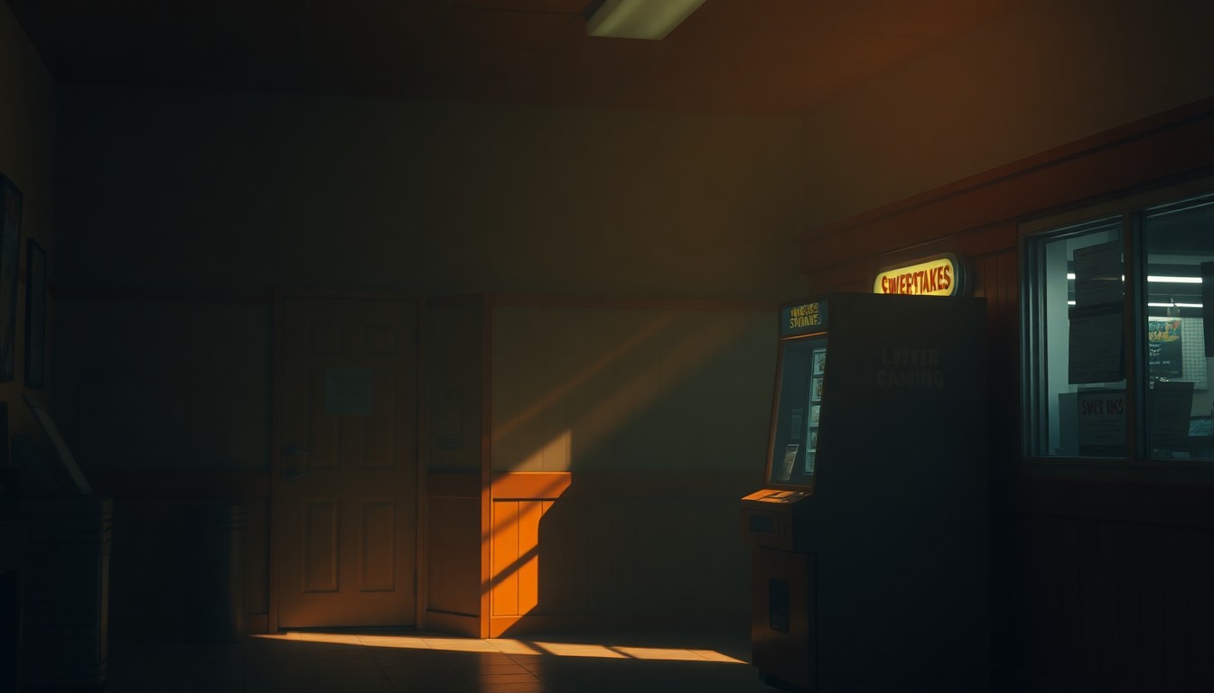 A photorealistic painting of a solitary sweepstakes machine sitting on a counter in a dimly lit convenience store, with warm sunlight streaming in through the windows and deep shadows cast across the scene, conveying a sense of quiet contemplation and the complex issues surrounding the regulation of these machines.