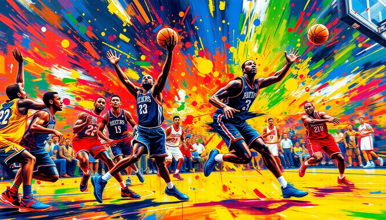 An abstract, energetic painting in neon colors depicting the movement and energy of a basketball game, with players' forms breaking down into expressive brushstrokes.