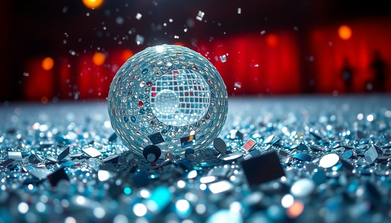 An extreme close-up of shimmering sequins and shattered glass, reflecting dramatic studio lighting and capturing the luxurious, high-energy atmosphere of a major awards show.