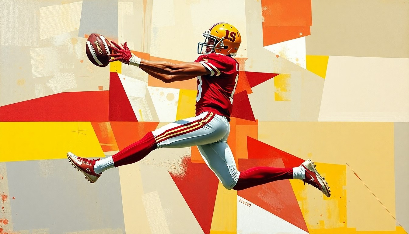 A cubist, geometric painting depicting a wide receiver making a leaping catch, with the player's body and the football broken down into overlapping planes of cardinal red and gold.