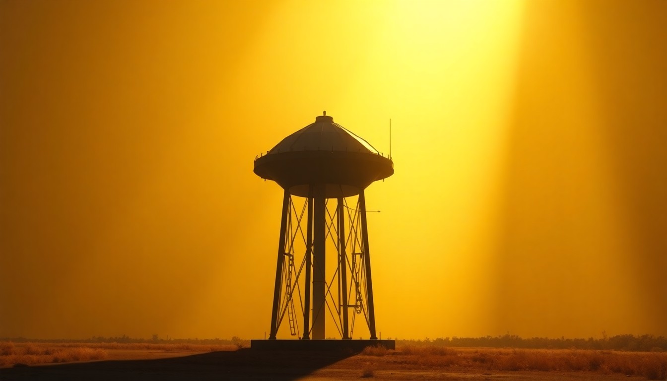 A serene, nostalgic painting depicting a lone water tower or well surrounded by warm light and deep shadows, conceptually representing the quiet struggle of communities impacted by PFAS contamination.