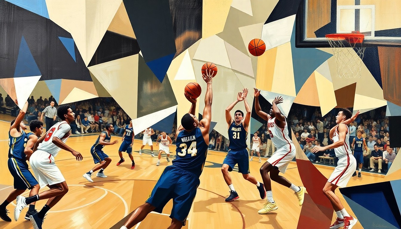 A fractured, abstract painting depicting the dynamic motion and energy of a college basketball game, with the players' forms broken down into sharp, overlapping geometric shapes and planes of color.