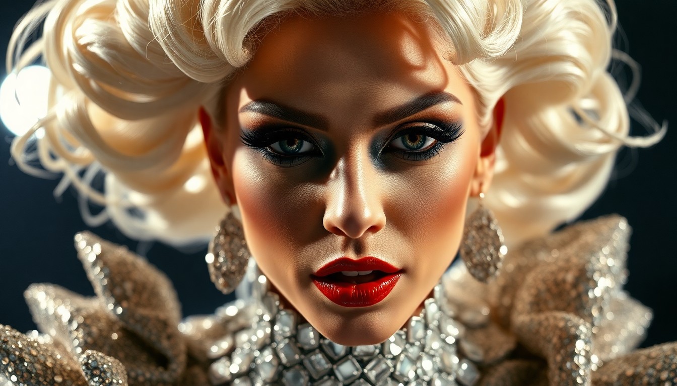 An extreme close-up photograph showcasing the intricate, glittering textures of Lady Gaga's stage costume, captured in dramatic high-contrast lighting to create a high-fashion, editorial aesthetic.