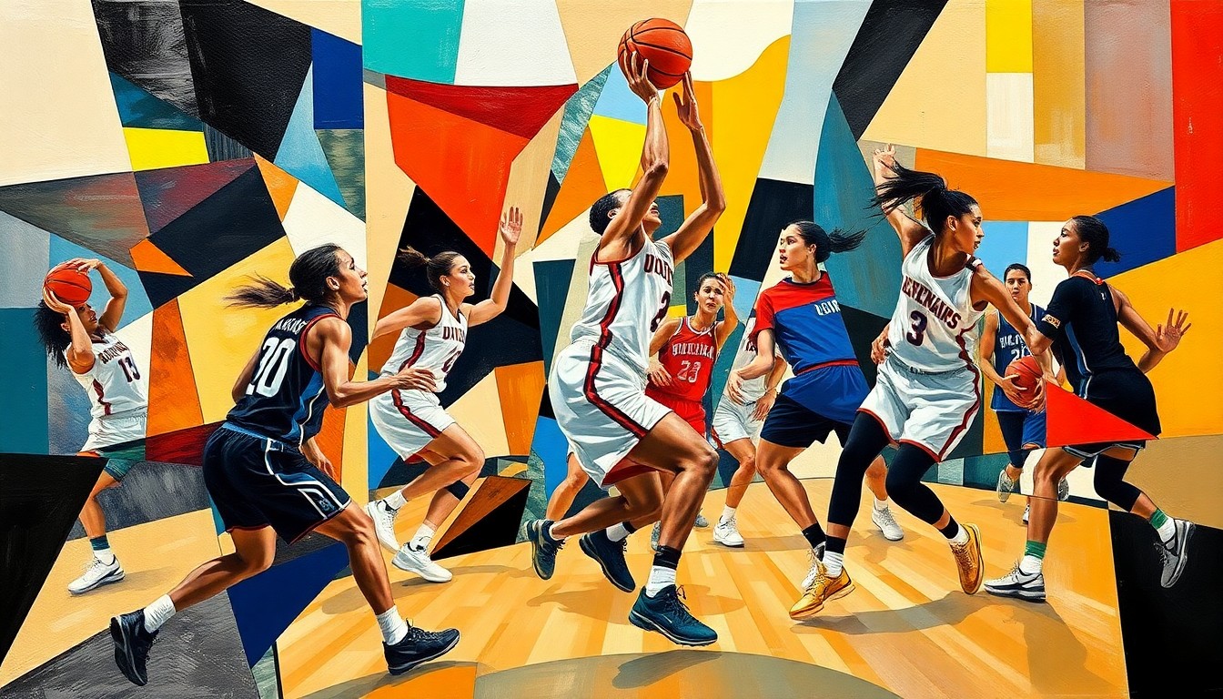 A cubist, geometric painting depicting the fragmented forms of women's college basketball players, their bodies and movements broken down into sharp, overlapping planes of color and abstract shapes, conveying the chaotic energy of the transfer portal season.