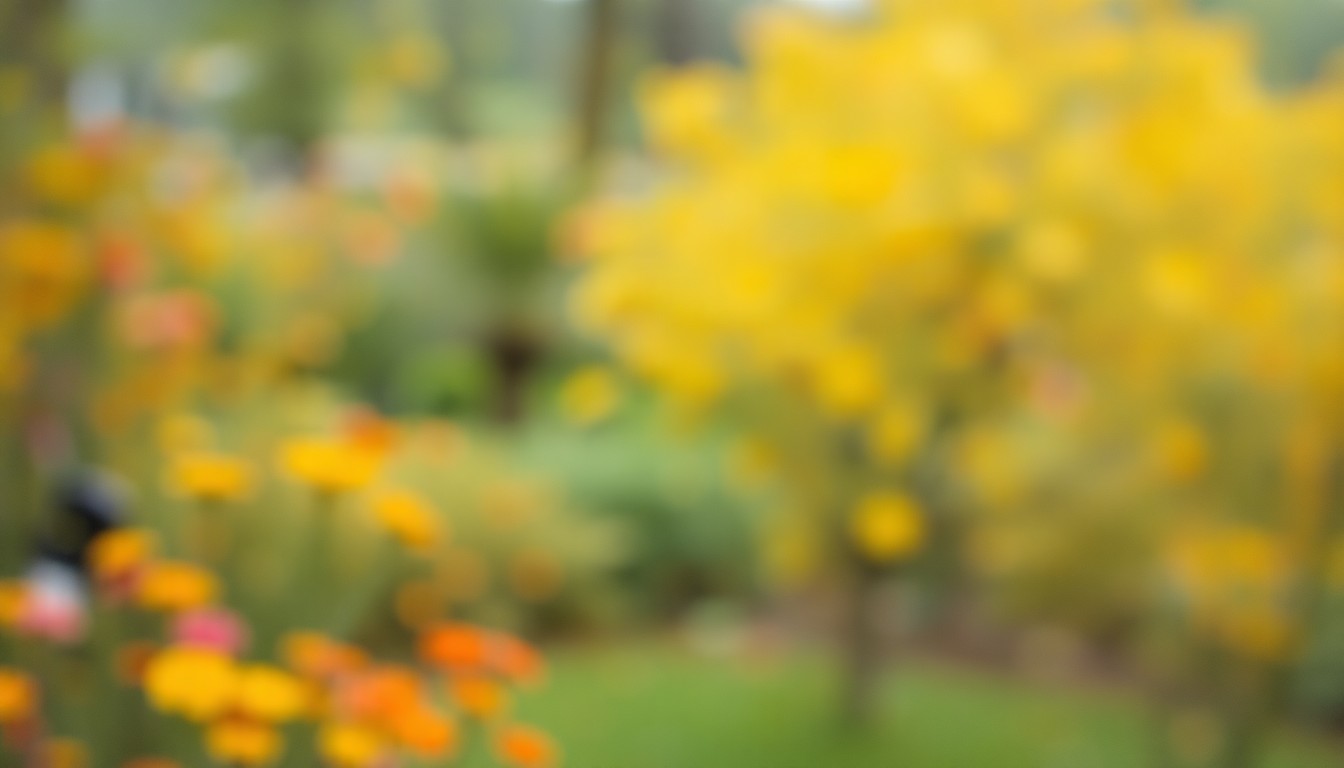 An extremely abstract, out-of-focus photograph showing a blurred, colorful garden scene, conceptually representing the need to protect vulnerable plants during sudden cold snaps.