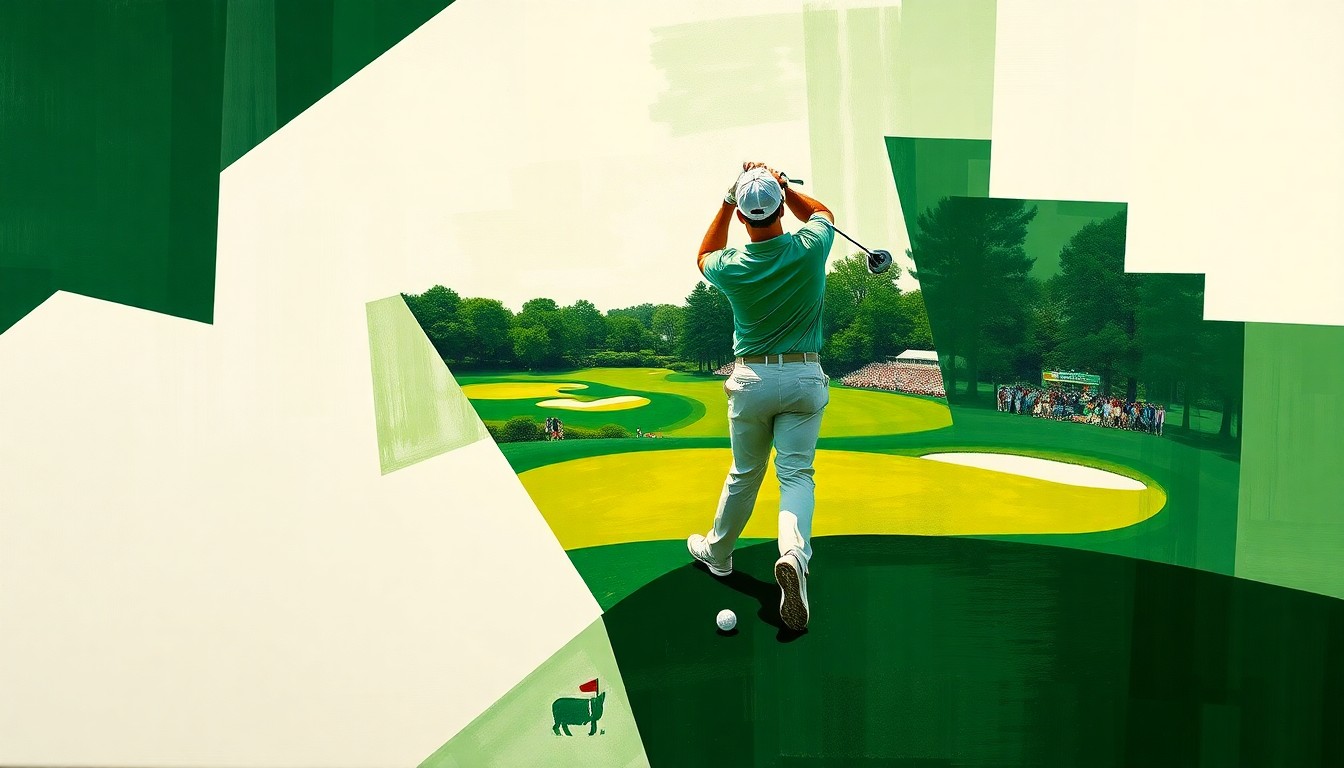 A cubist-style painting featuring fragmented, geometric shapes in shades of green, white, and gold, representing the Augusta National golf course and a golfer's swing motion.