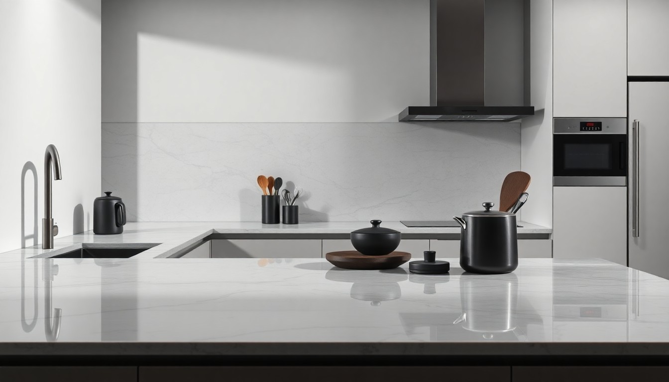 A high-end, photorealistic studio still-life photograph featuring a sleek, modern kitchen countertop made of polished quartzite, with a few carefully arranged kitchen tools and appliances in muted tones. The scene is bathed in dramatic studio lighting, creating deep shadows and highlighting the premium materials.