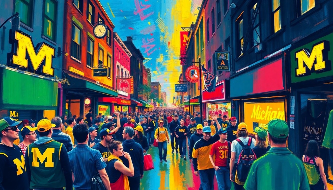 An abstract, energetic painting featuring bold, neon-colored brushstrokes and shapes that evoke the lively atmosphere and passionate fans gathered in Ann Arbor for the big game.