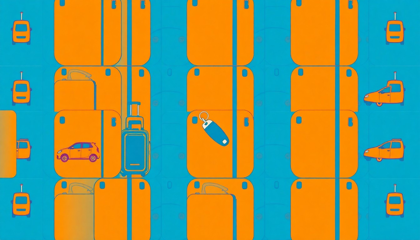 A vibrant, high-contrast silkscreen print featuring a repeating pattern of a car key and a suitcase, conveying the disruption and frustration of a family trip that went awry.