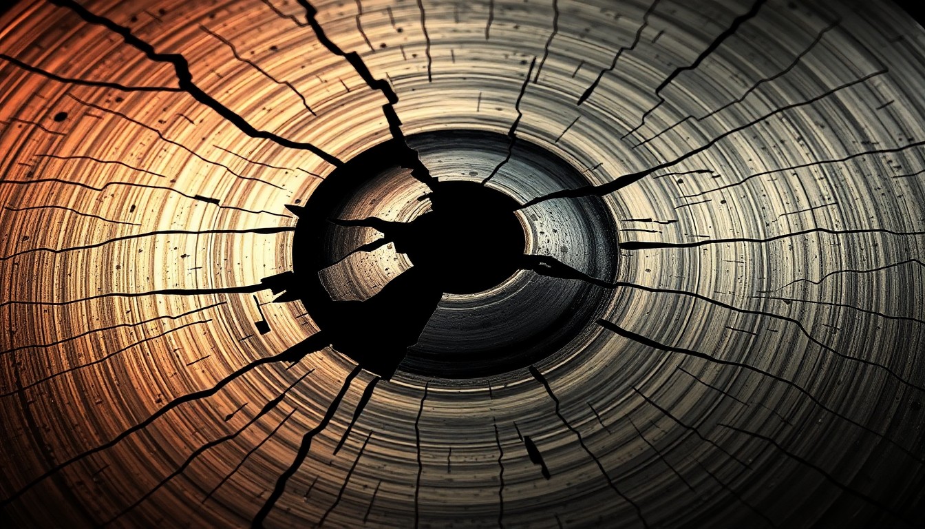 An extreme close-up photograph of a cracked and shattered drum cymbal, capturing the intricate textures and patterns of the metal surface in dramatic high-contrast lighting, conceptually representing the loss of legendary drummer Neil Peart.