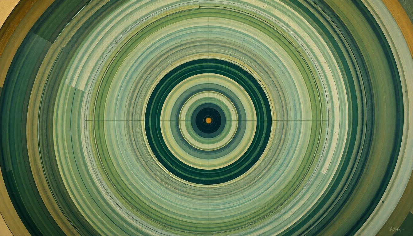 A highly structured abstract painting in soft, earthy tones of green, blue, and brown, featuring sweeping geometric arcs, concentric circles, and precise botanical spirals, conceptually representing the complex and interconnected nature of quantum computing and communication.