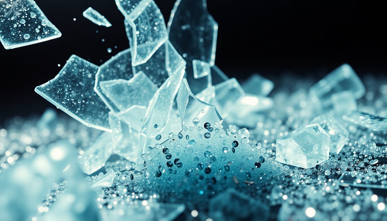 An extreme close-up photograph of shattered glass and glittering sequins in dramatic, high-contrast studio lighting, conceptually representing the fragile social mores and emotional turmoil explored in the play.