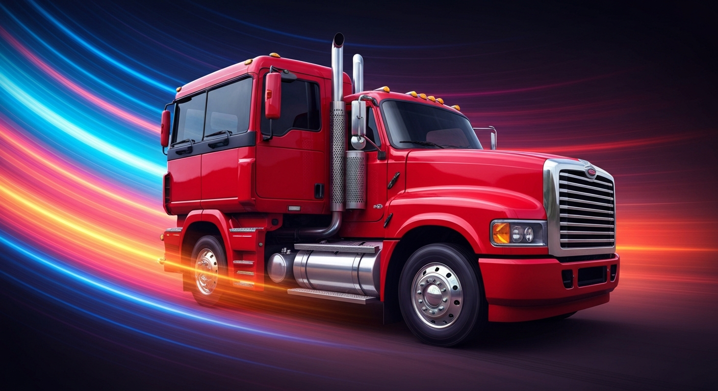 An abstract, blurred image of a large pickup truck in motion, with streaks of vibrant colors representing speed and power.