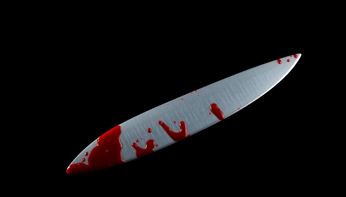 An extreme close-up photograph of a bloodied steak knife against a pitch-black background, conveying the stark, gritty, and investigative nature of this violent crime.