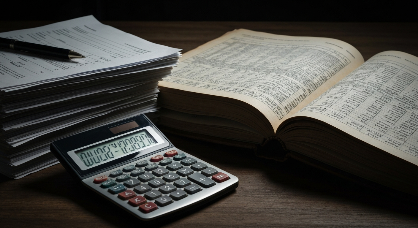 An extreme close-up of financial documents, a calculator, and a ledger, all rendered in a heavy, industrial style that conveys the serious nature of tax preparation.