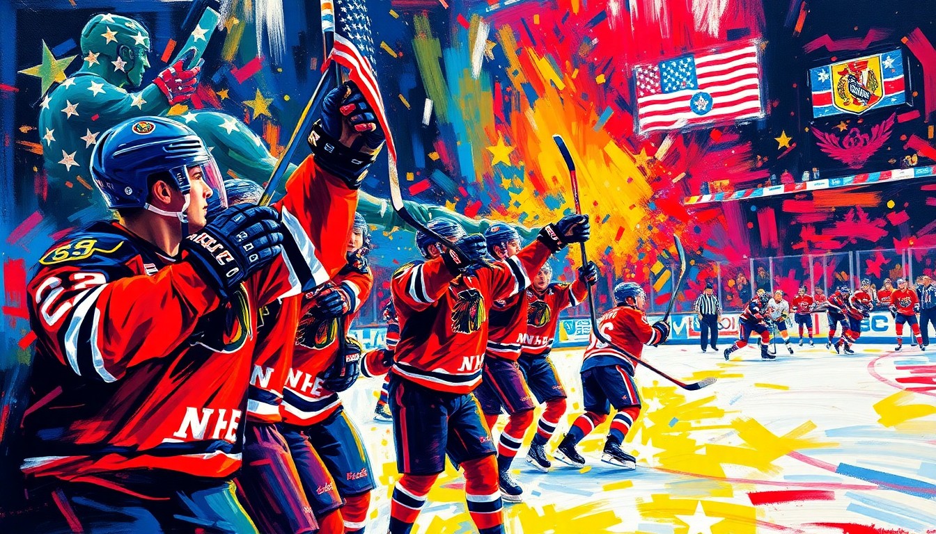 A dynamic, colorful painting featuring abstracted hockey players and military imagery, conveying the passionate spirit of the NHL's military tributes.