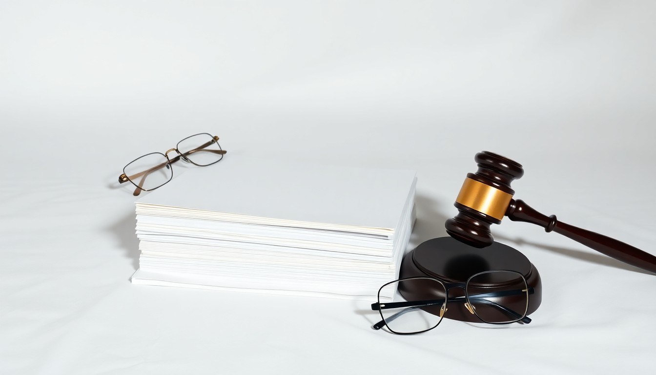 A minimalist, photorealistic studio still life featuring a stack of legal documents, a gavel, and a pair of reading glasses, conceptually representing the abstract legal and financial implications of the gambling industry.