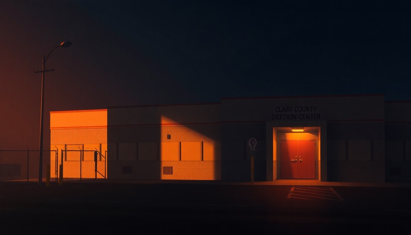 A realistic painting of the exterior of a large, institutional-looking building with a plain facade, windows, and a small entryway, bathed in warm, golden light from one side and deep shadows on the other, evoking a sense of quiet contemplation about the role of this facility in immigration enforcement.