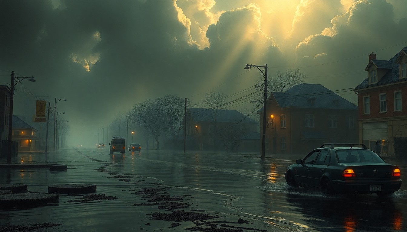 A sweeping, atmospheric landscape painting depicting a flooded residential street, with damaged vehicles partially submerged in the rising waters. The scene conveys a sense of the overwhelming power of nature, with the physical structures and objects dwarfed by the dramatic, turbulent weather conditions.