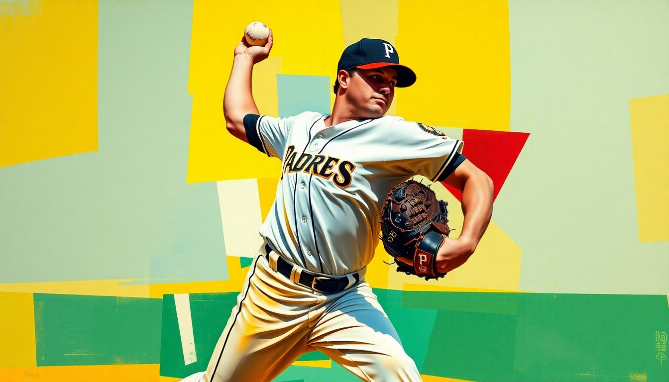 A fragmented, geometric painting depicting the motion of a baseball pitcher, with sharp planes of color representing the Padres and Pirates uniforms.