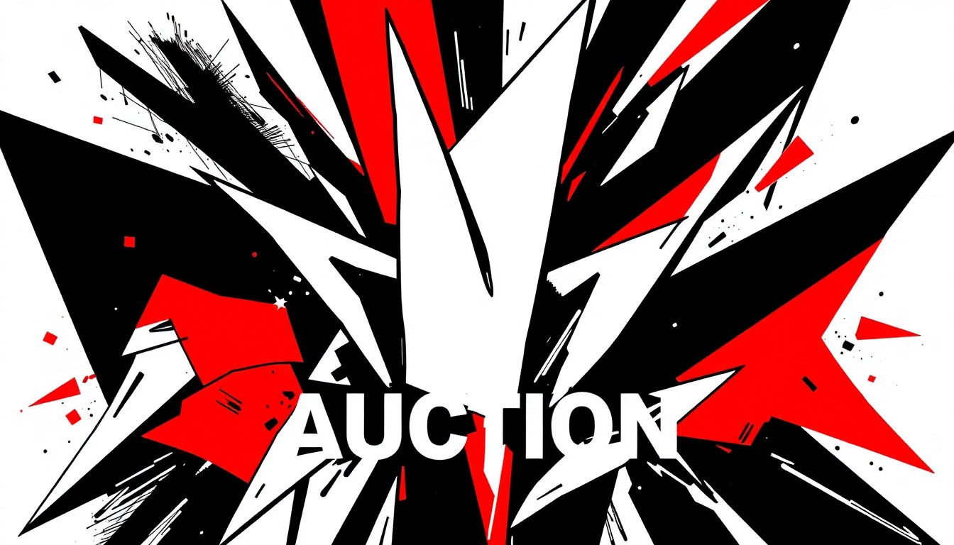 An abstract composition of sharp, angular black shapes against a bright red background, conveying the dynamic energy and artistic spirit of an art auction event.