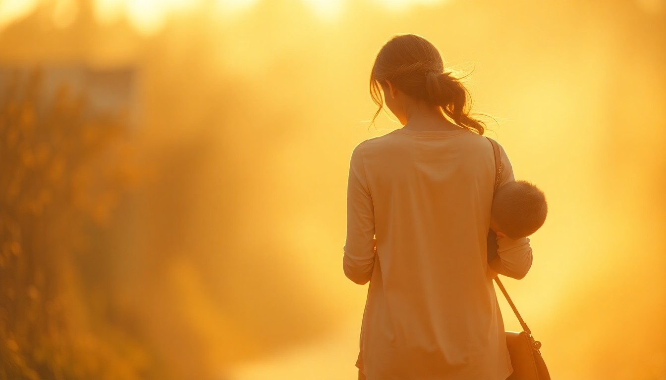 A blurred, impressionistic photograph of a mother and child walking together, their figures obscured in a hazy, warm glow of light, conveying a sense of intimacy and community.