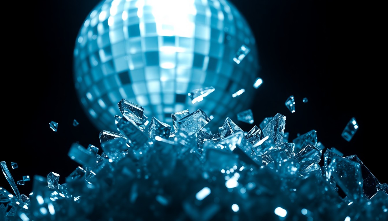 An extreme close-up photograph of shattered, glittering glass fragments reflecting a soft, dramatic spotlight, conceptually representing the glamour and drama of celebrity culture.