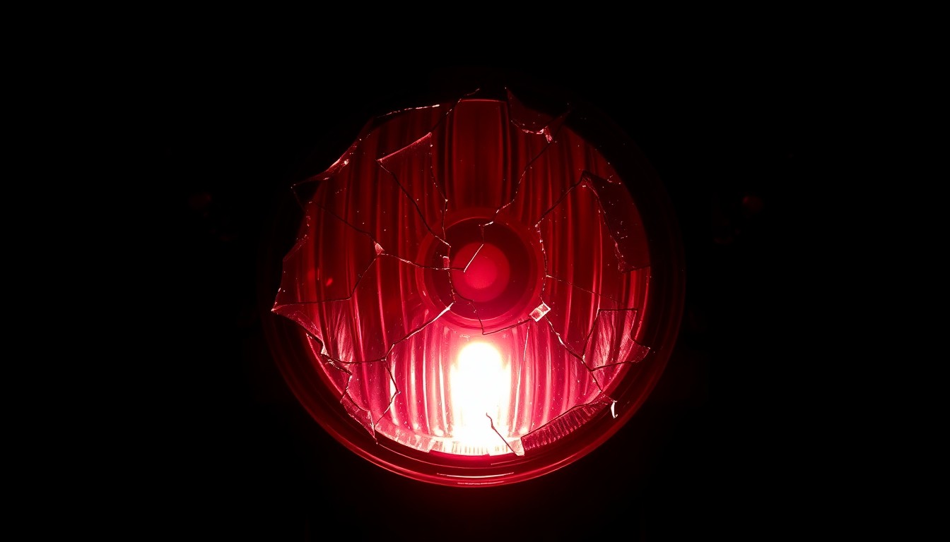 An extreme close-up photograph of a shattered motorcycle headlight lens reflecting a faint red glow, conceptually representing the aftermath of a fiery crash on a local street.