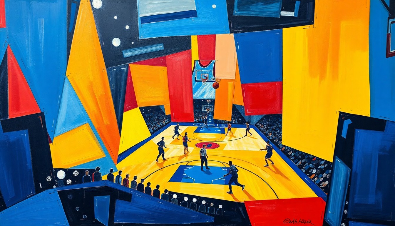 A cubist-style painting depicting a basketball game, with the court, players, and ball broken down into sharp, overlapping geometric shapes in a vibrant color palette of blues, yellows, and reds.