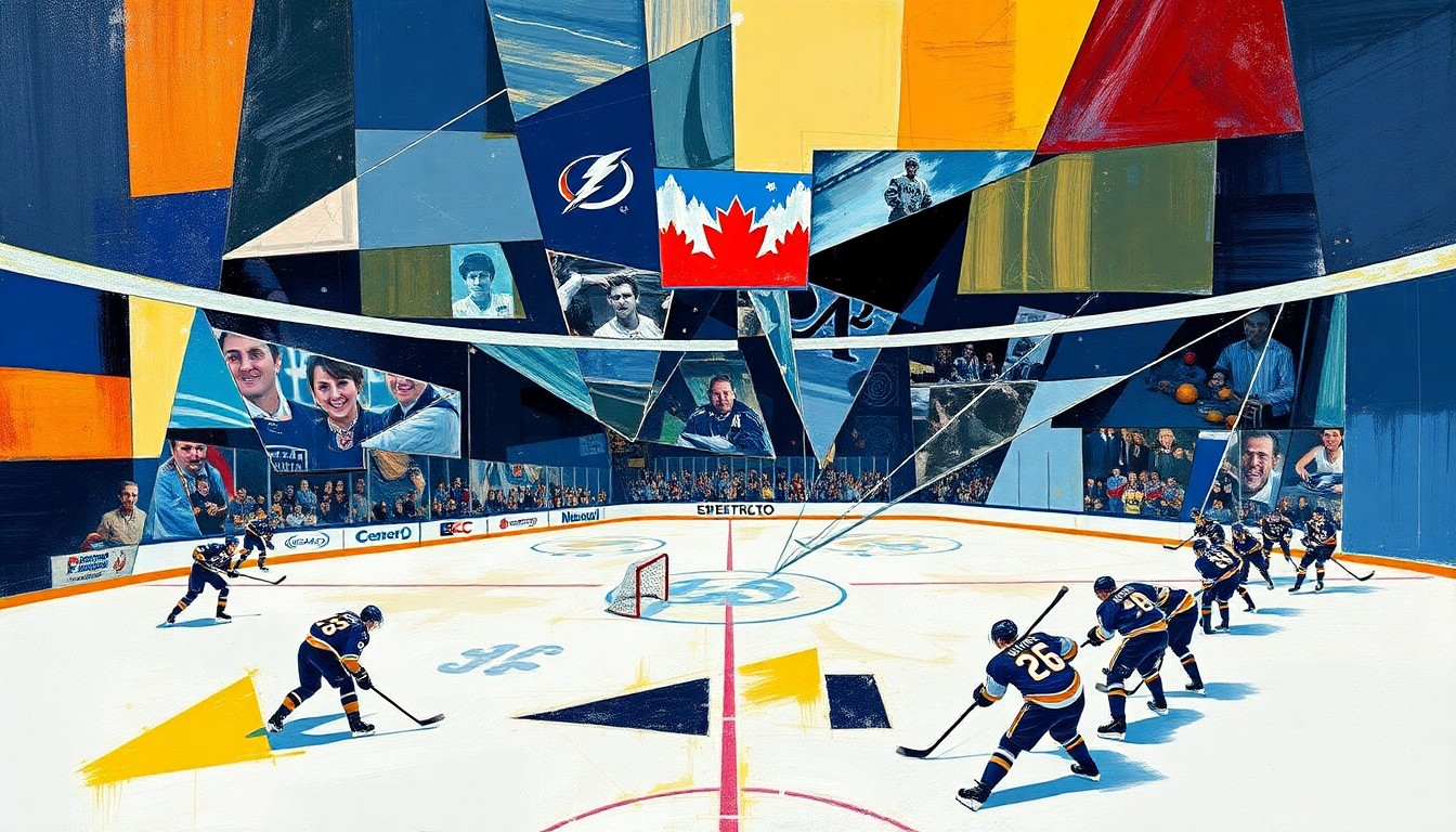 A fractured, multi-perspective painting depicting a hockey game between the Tampa Bay Lightning and Buffalo Sabres, with the players and action broken down into sharp, overlapping geometric shapes and planes in a cubist style, conveying the intensity and defensive focus of the matchup.