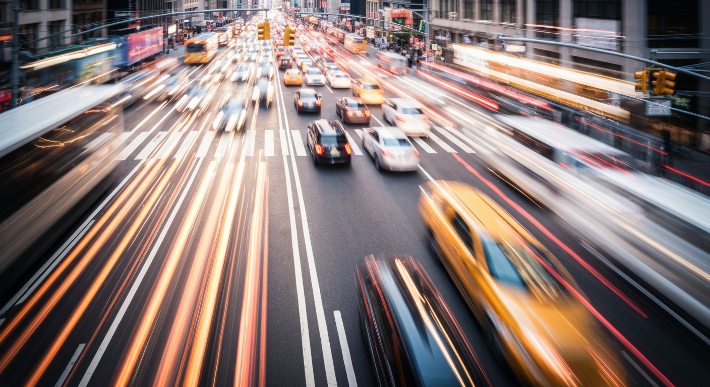 An abstract, blurred image of a busy New York City street, with streaks of vibrant color and motion representing the energy and complexity of urban traffic.