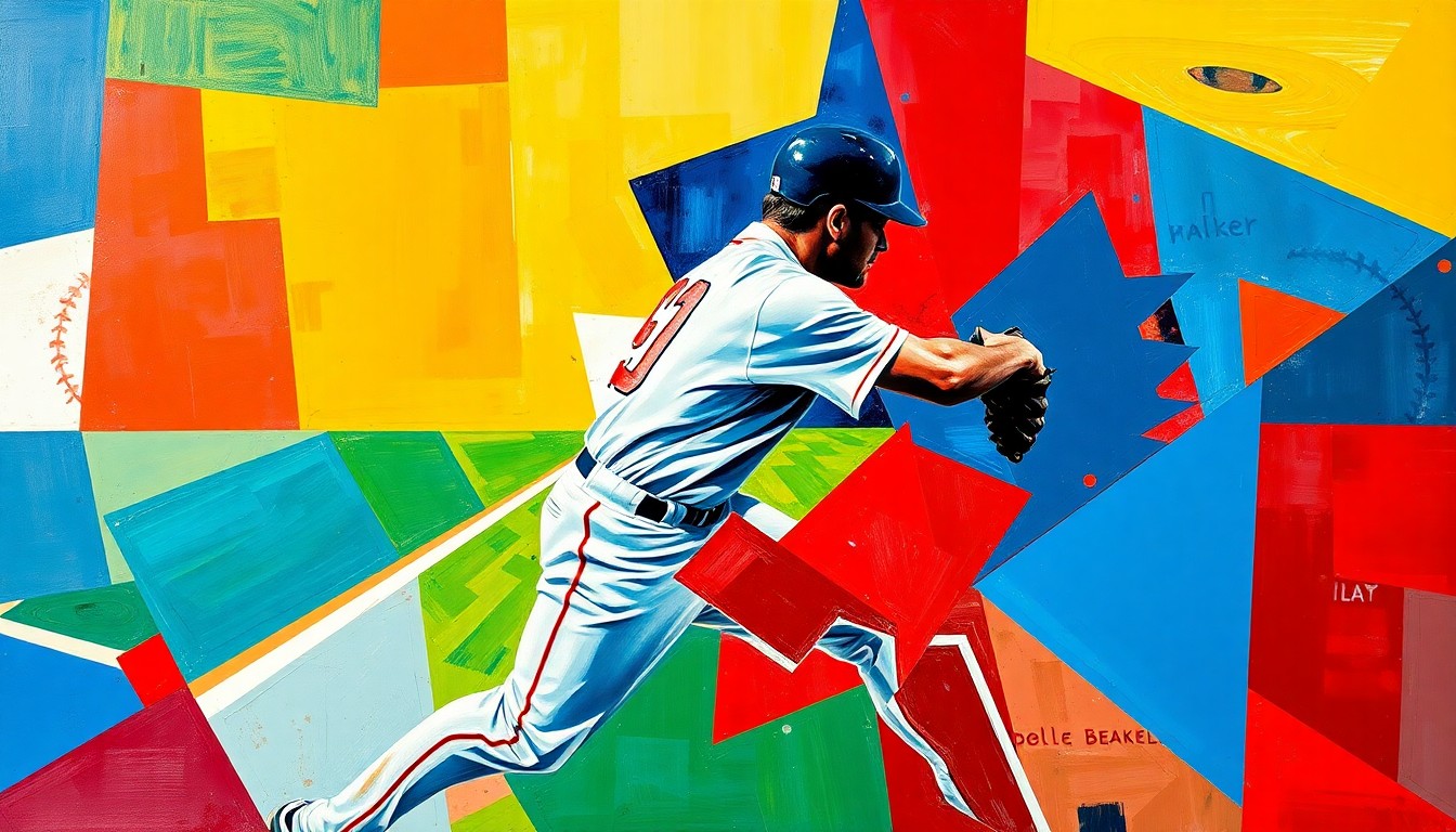 A fractured, multi-perspective painting featuring overlapping geometric shapes and planes in vibrant colors, conceptually representing the dynamic action and energy of a baseball game.