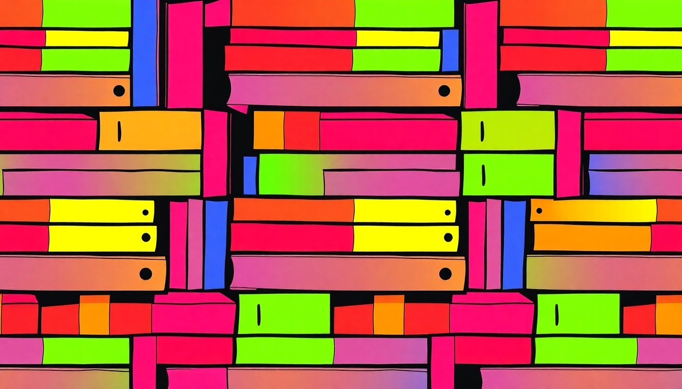 A bold, colorful silkscreen-style illustration of a repeating pattern of children's books, conceptually representing the importance of education and family support in a community.