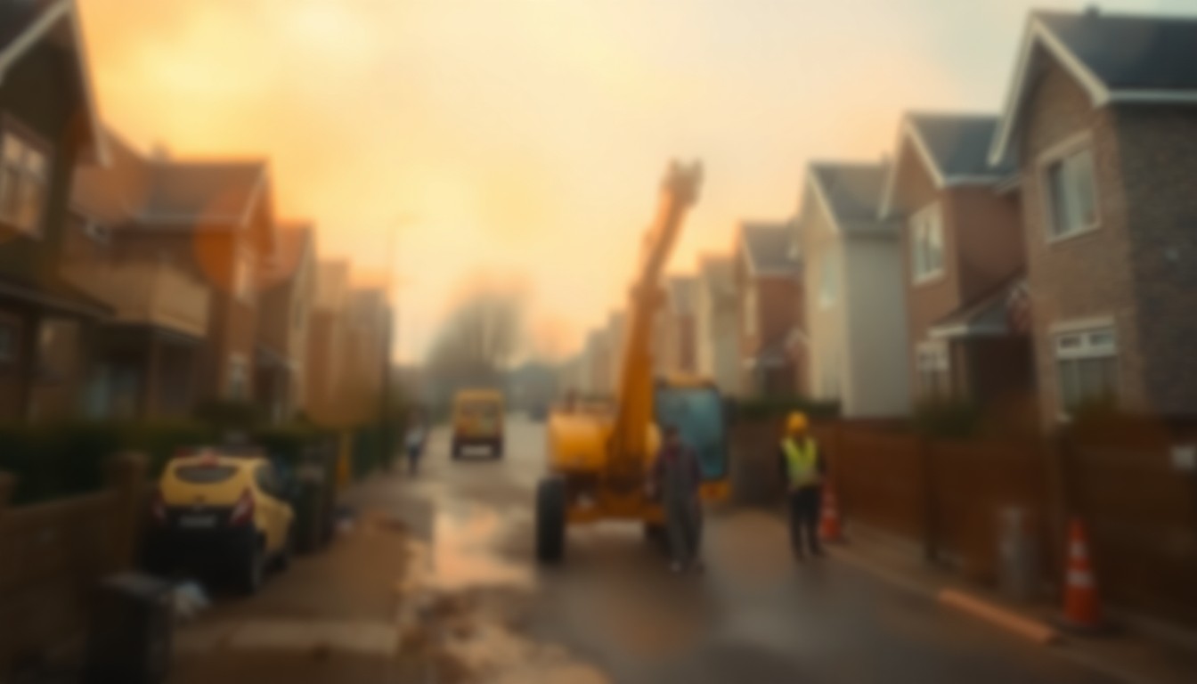 An abstract, impressionistic scene of blurred construction equipment and workers in a residential neighborhood, captured through a hazy, rain-streaked lens and washed in warm, soft pools of yellow, orange, and blue light.