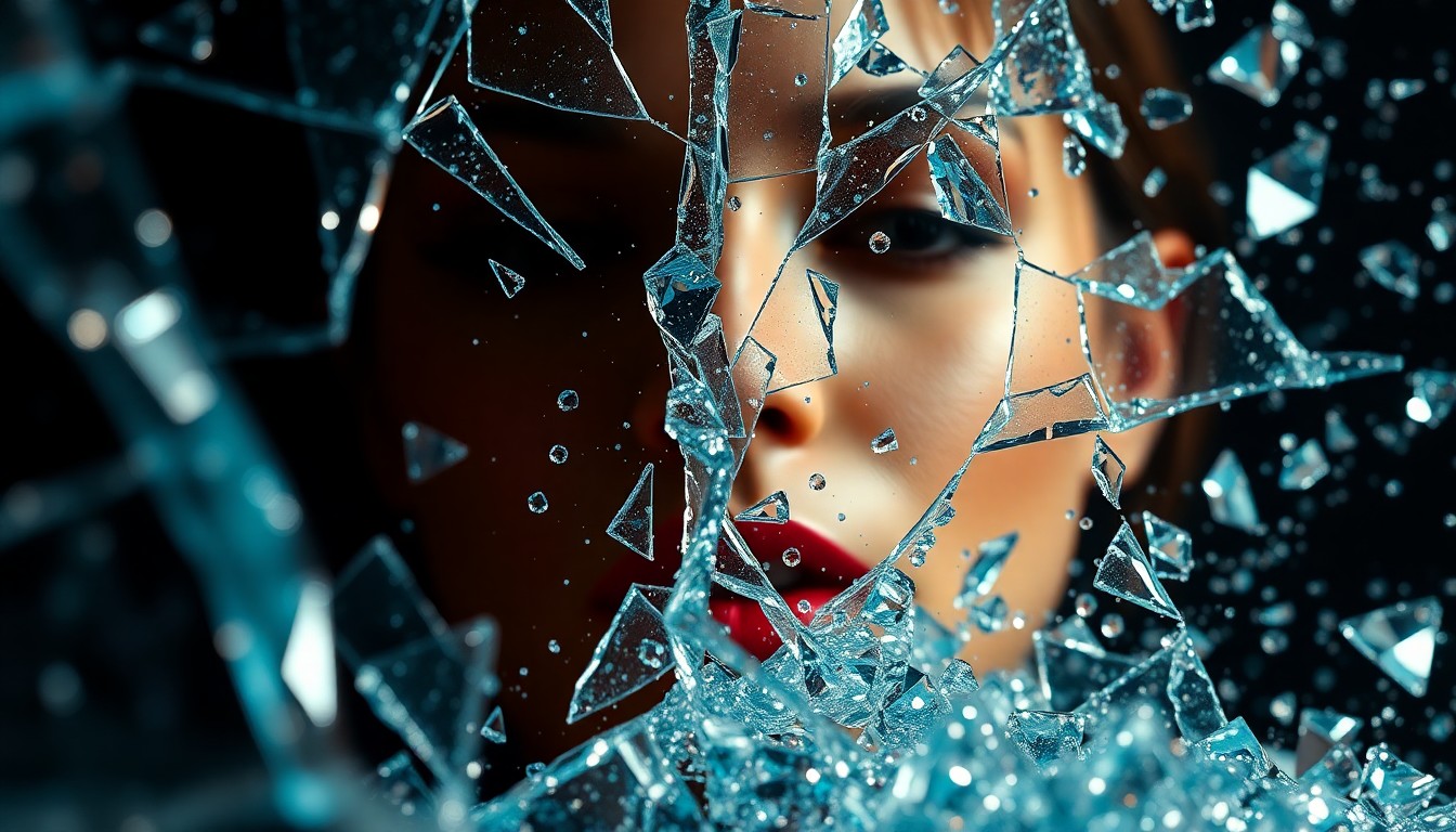 An extreme close-up photograph of shattered glass and glittering sequins in high-contrast studio lighting, conceptually representing the fragility of celebrity and the challenges of mental health struggles.