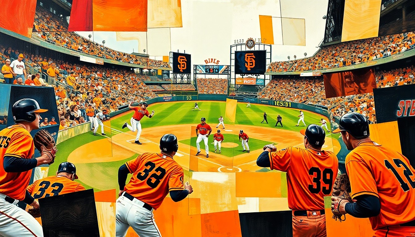 A cubist-inspired painting featuring overlapping geometric shapes and planes in shades of orange and black, abstractly representing the energy and movement of a baseball game or match, without any identifiable players or teams.