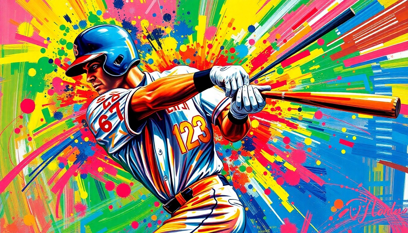 An extreme close-up of a baseball player's bat making contact with the ball, captured in a vibrant, expressionist painting style with rapid brushstrokes and neon colors that convey the raw energy and impact of the swing.