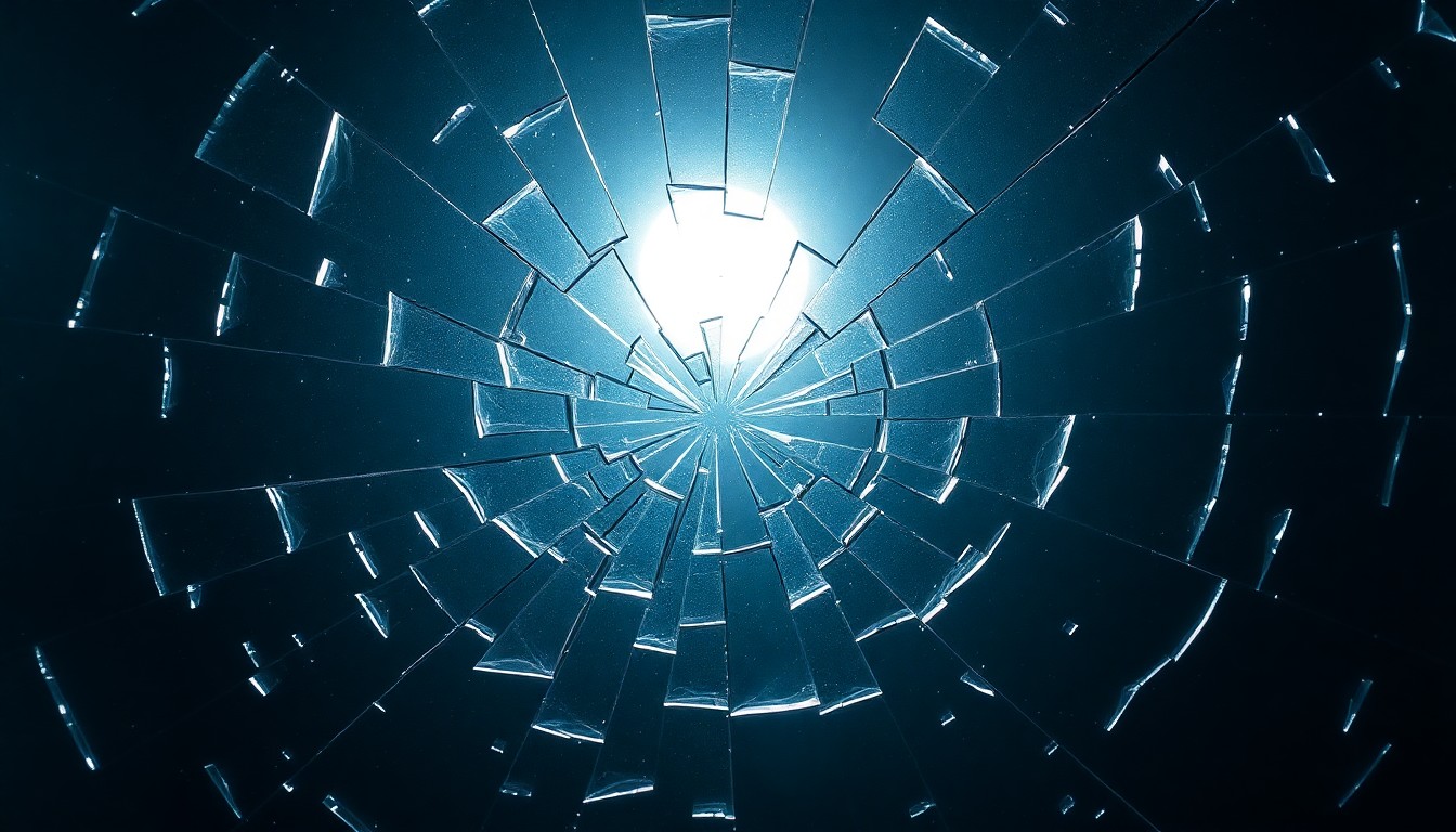An abstract close-up photograph of a cracked and damaged surface, reflecting a faint light, conveying a sense of vulnerability and the aftermath of a violent event.