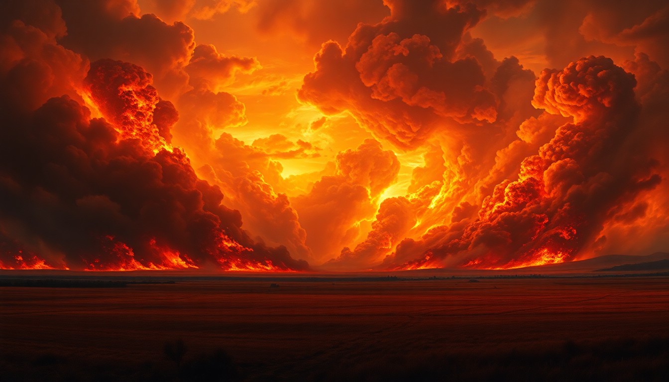 A vast, majestic landscape painting in muted tones of orange, red, and gray, depicting a raging wildfire consuming a vast field under a dramatic, turbulent sky. The scene uses deep atmospheric perspective and dramatic backlighting to convey the overwhelming, sublime scale of the natural disaster, with any physical structures or vehicles dwarfed by the overwhelming power of the flames.