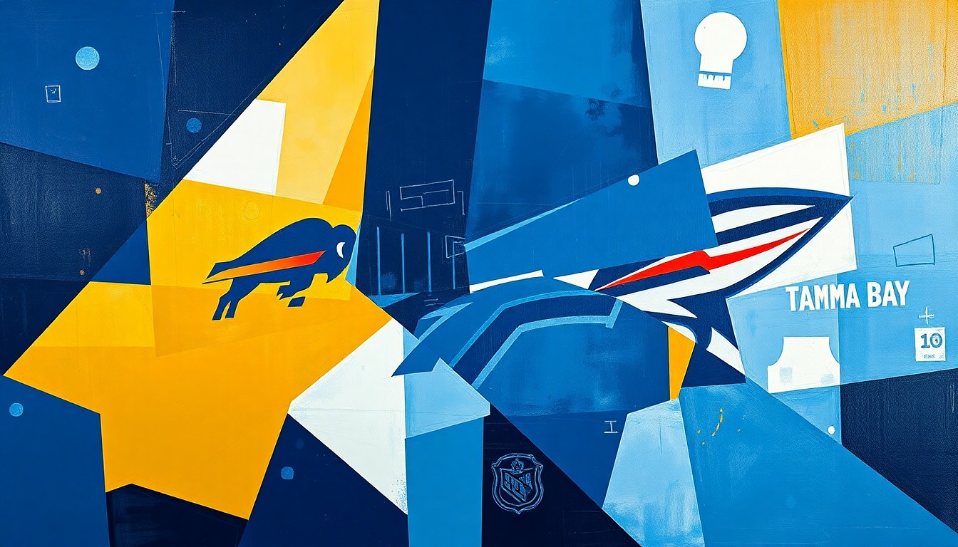 A cubist, geometric painting depicting a hockey game, with the players and action broken down into sharp, overlapping shapes and planes in the team colors of Buffalo and Tampa Bay.
