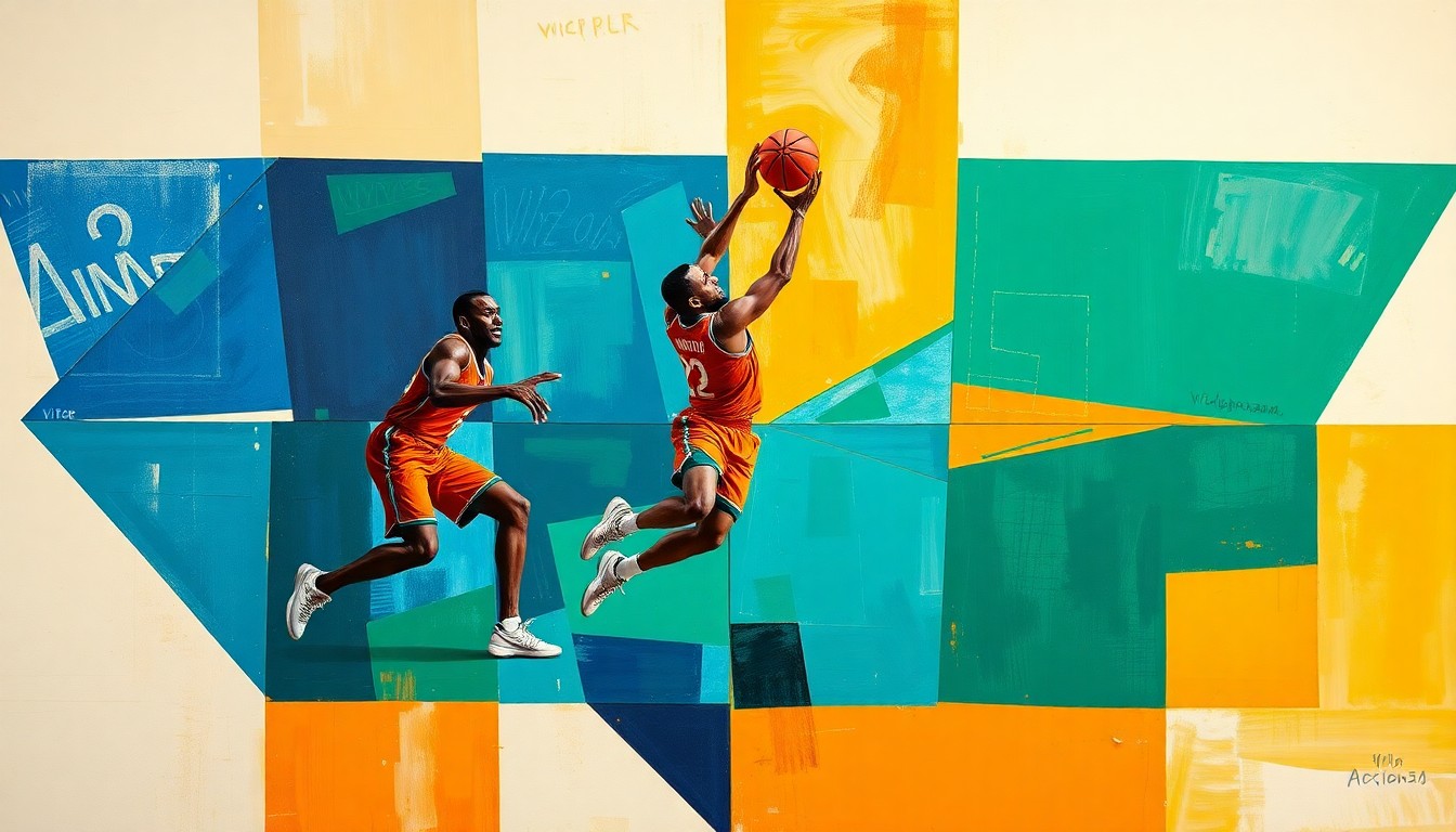 A fragmented, geometric painting depicting a basketball game in motion, with the players and court broken down into sharp, overlapping planes of vivid blue, orange, and green hues, conveying the dynamic energy and uncertainty of the Spurs' game against the 76ers.