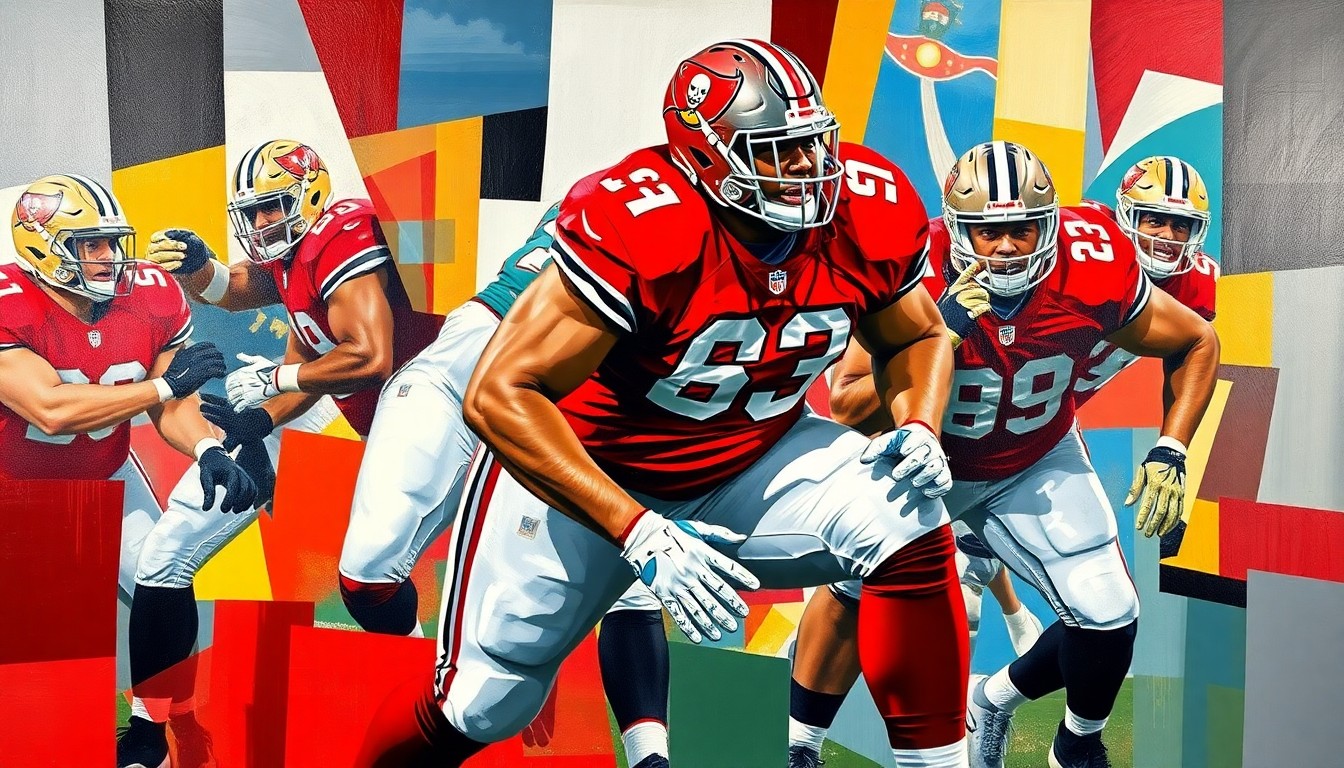 A fragmented, cubist-style painting depicting the dynamic movements of a football offensive lineman, with sharp geometric shapes and planes in the Buccaneers' team colors of red, pewter, and white.