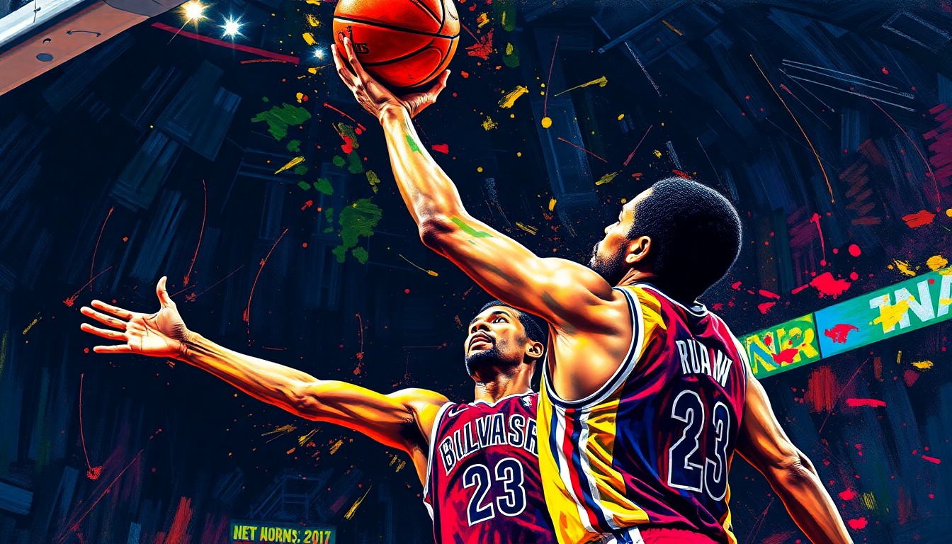 An extreme close-up of a basketball player in mid-jump shot, surrounded by a vibrant, expressionist blur of neon colors and rapid brushstrokes, conceptually representing the raw energy and emotion of an underdog athlete competing at the highest level.
