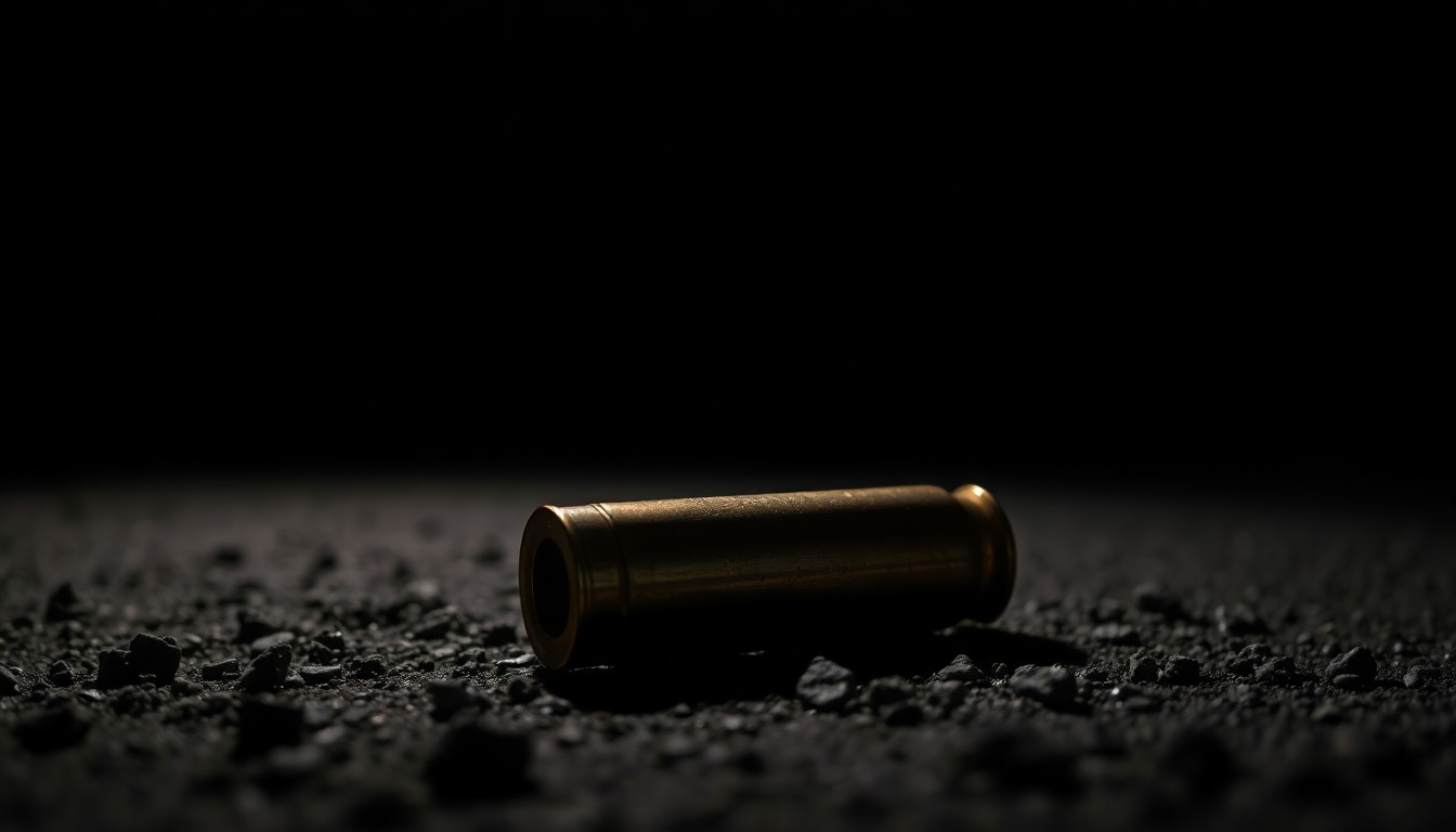 An extreme close-up photograph of a single spent shell casing on the ground, with dramatic shadows and a stark, gritty aesthetic conveying the investigative nature of the crime scene.
