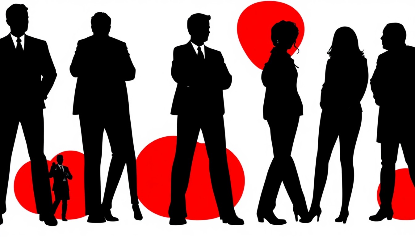 A minimalist, abstract illustration featuring bold black silhouettes and high-contrast red and white geometric shapes, conceptually representing the classic musical comedy 'How to Succeed in Business Without Really Trying'.