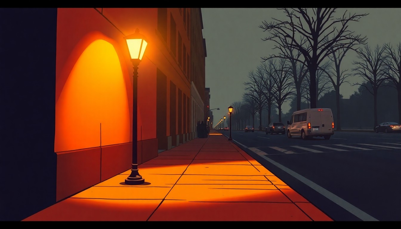 A dimly lit city street scene with a single streetlamp casting warm, golden light and deep shadows on the empty sidewalk, conveying a sense of quiet contemplation around the local immigration policy debate.