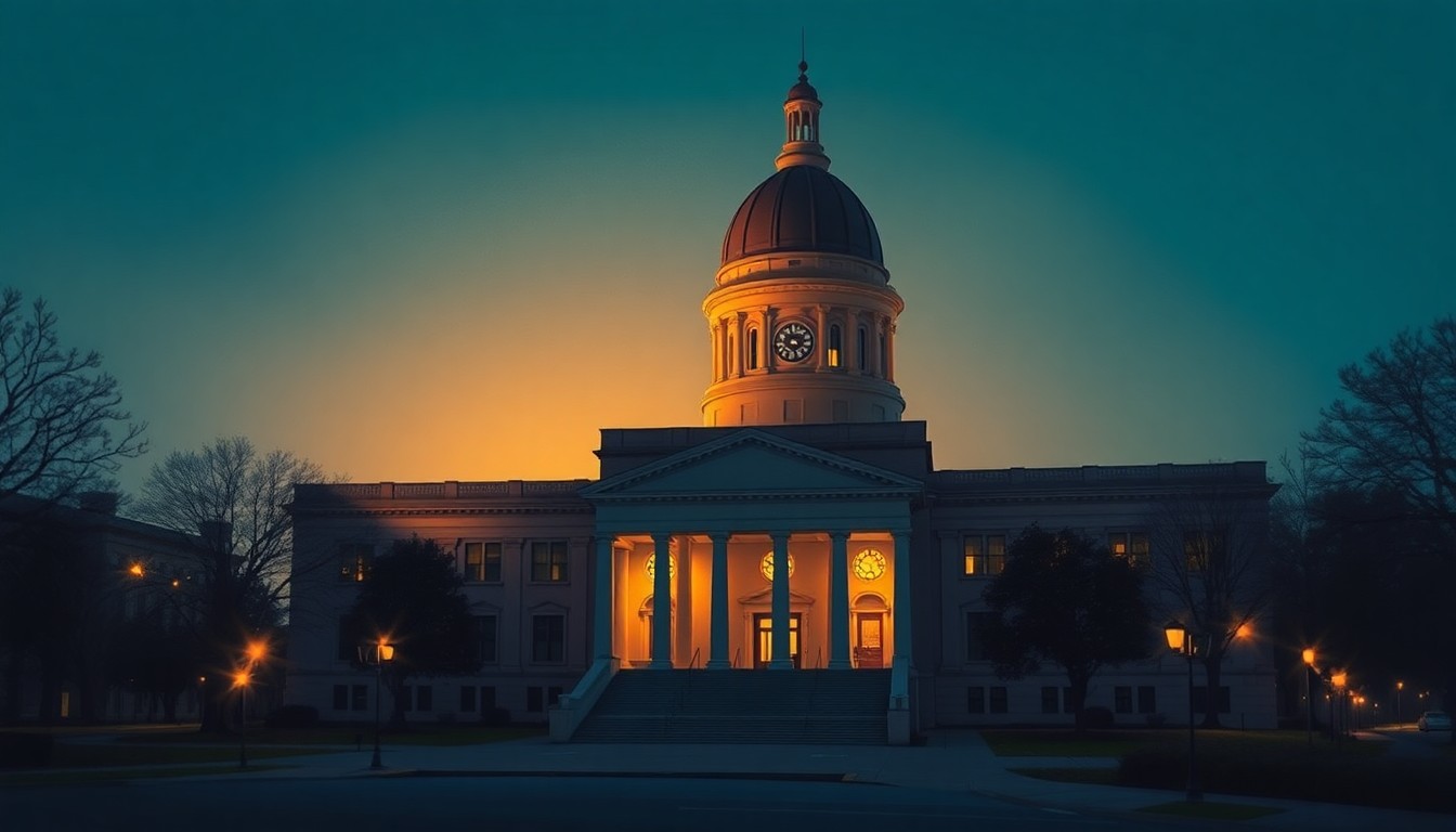 A cinematic painting of the Michigan State Capitol building in Lansing, with the grand structure bathed in warm, golden light and deep shadows, conveying a sense of political change and transition.