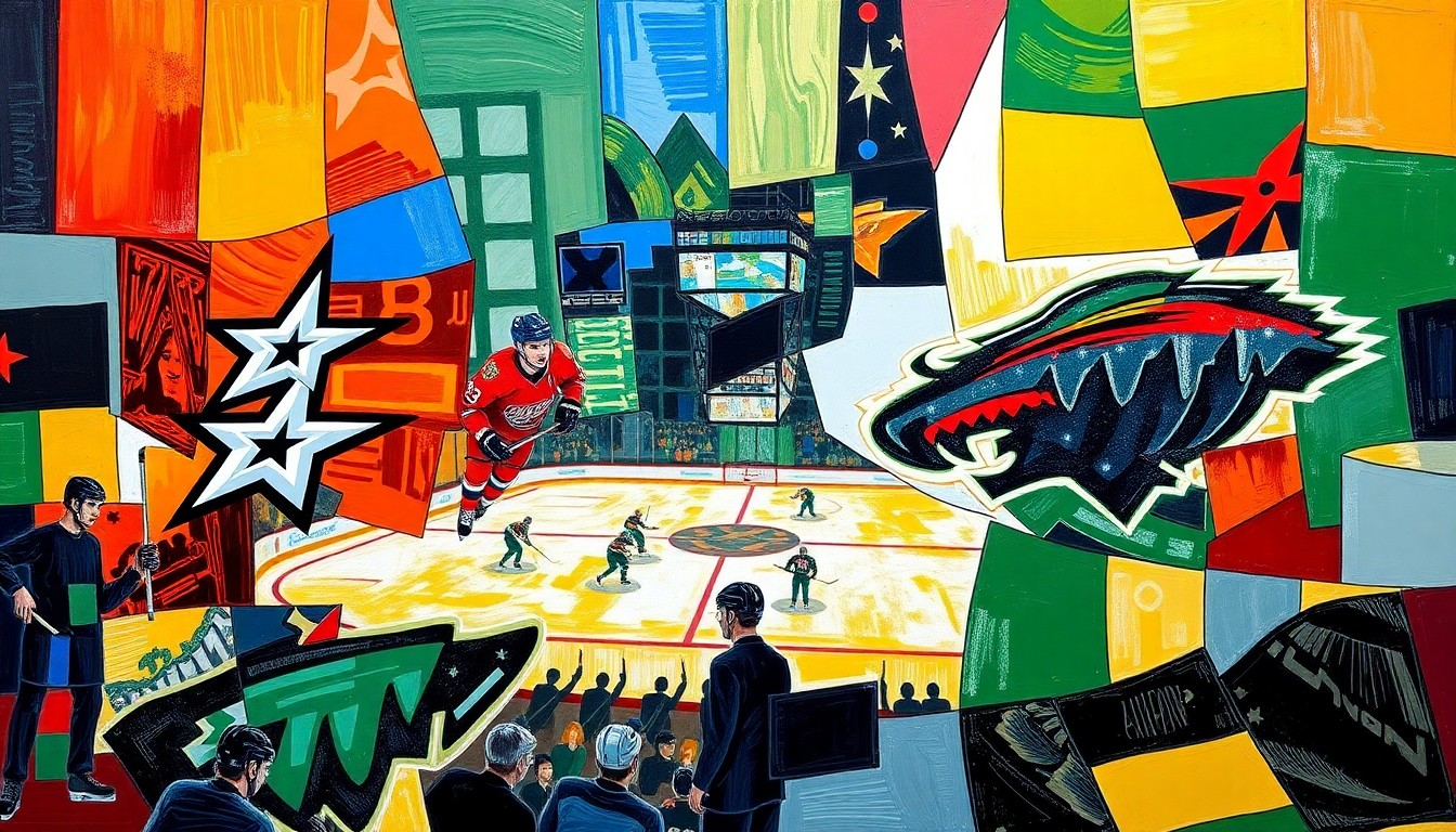 A fragmented, geometric painting depicting a hockey game between two teams, with sharp planes of color representing the players and action on the ice.