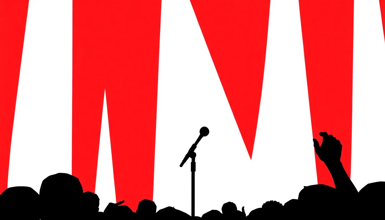 A striking black silhouette of a microphone stand against a bright red and white background, conveying the disconnect and disappointment felt by fans at the Peso Pluma concert.